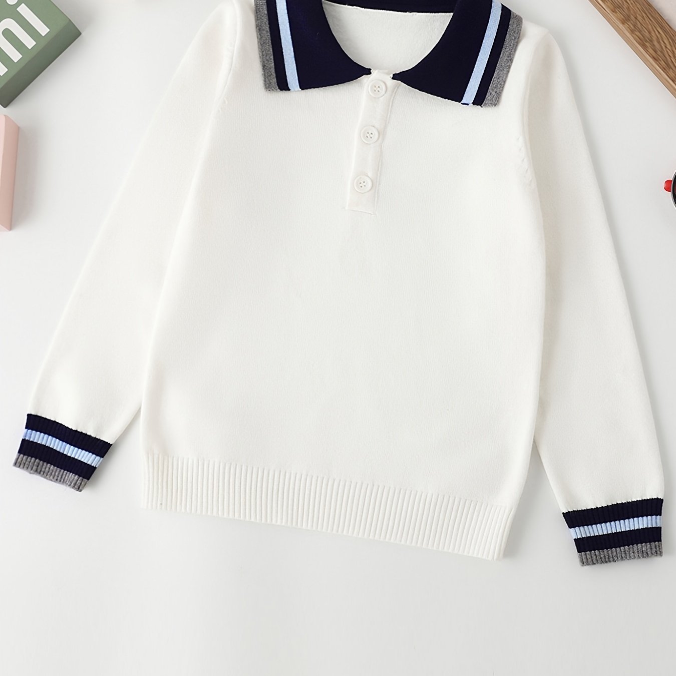 Boys College Style Knit Uniform Long Sleeve Polo Shirt
