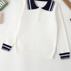 Boys College Style Knit Uniform Long Sleeve Polo Shirt