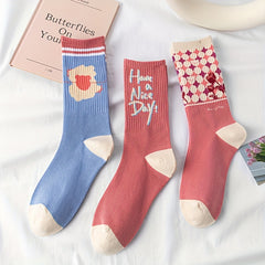 3 Pairs Floral Print Socks Comfy & Breathable Women's Stockings