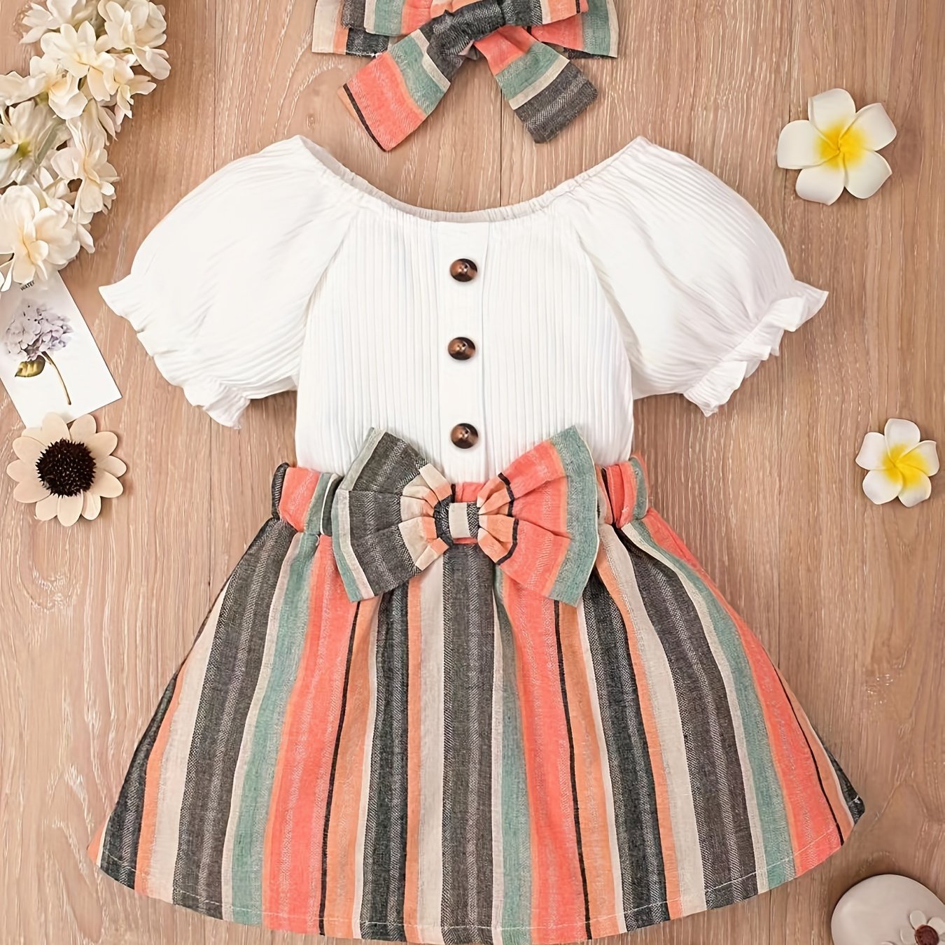 2pcs Baby Girls Striped Bowknot Short Sleeve Dress & Headband Set