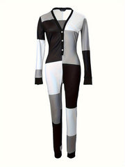 Colorblock Buttons Pajama Jumpsuit Long Sleeve V Neck Pajamas Women's Lingerie