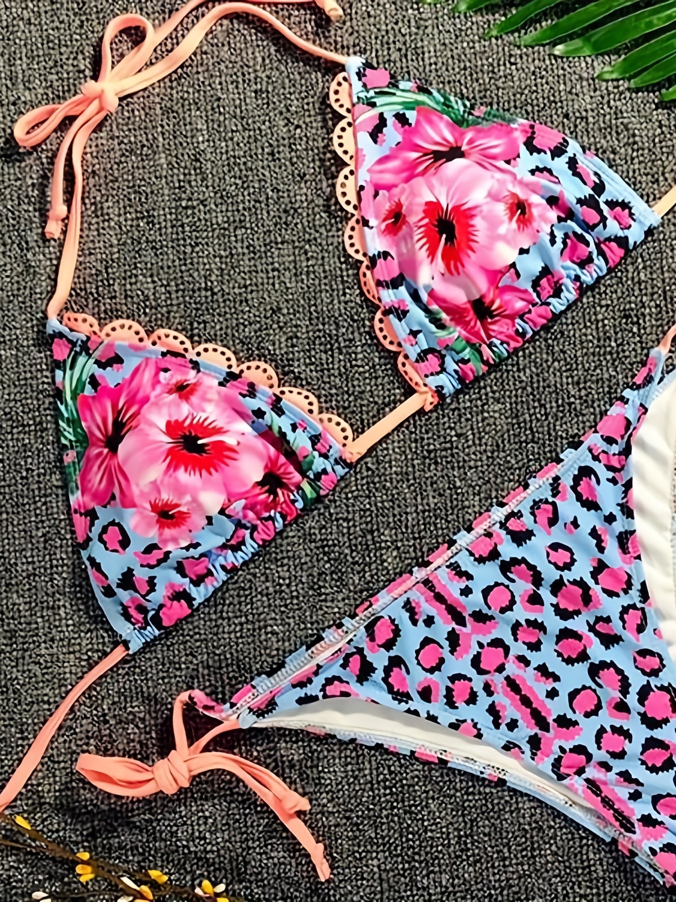 Pink Floral Leopard Print 2 Piece Bikini Set