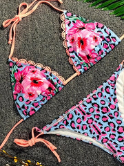 Pink Floral Leopard Print 2 Piece Bikini Set