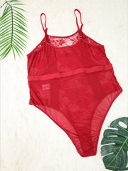 Plus Floral Mesh Striped Semi Sheer Cami Teddy Bodysuit