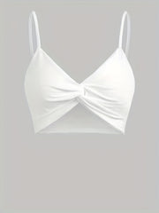 Solid V Neck Bikini Top Twisted High Stretch Spaghetti Straps Beachwear Top