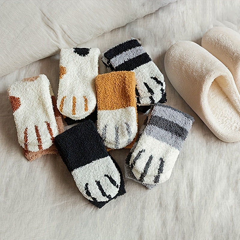 6 Pairs Cat Claw Fuzzy Socks Comfy & Warm Mid Tube Socks Women's Stockings