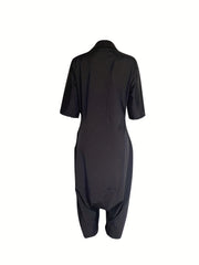 Solid Harem Jumpsuit Button Front Casual Short Sleeve