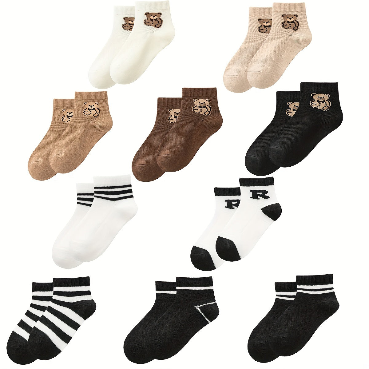 5 Pairs Bear & Striped Mesh Thin Socks For Baby Boys Girls