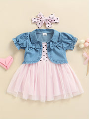 3pcs Baby Girls Denim Top & Cami Dress Set with Headband