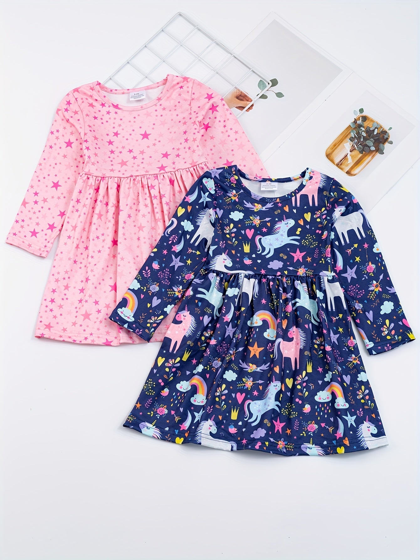 Girls Allover Print Long Sleeve Casual Dress Spring Fall Random Print