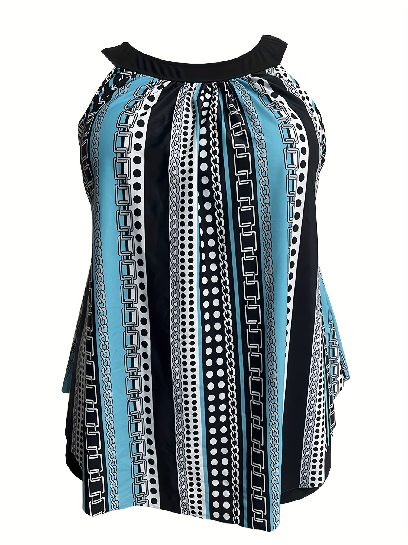 Modest Tankini Set - Women's Chain & Polka Dot Stripe Print Top & S