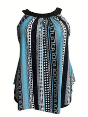 Modest Tankini Set - Women's Chain & Polka Dot Stripe Print Top & S