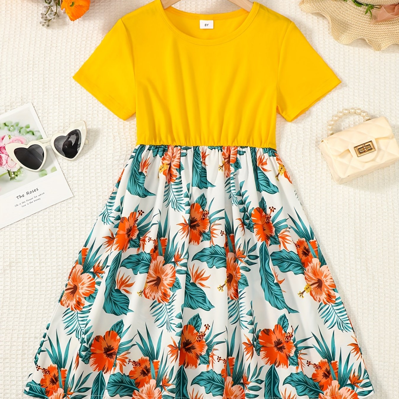 Girls Floral Splicing Casual Dress Summer Party Clothes