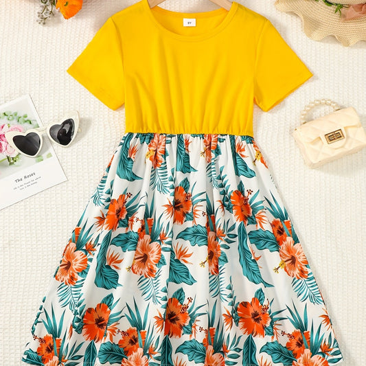 Girls Floral Splicing Casual Dress Summer Party Clothes