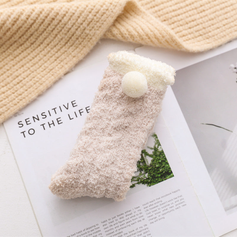 Cozy PomPom Crew Socks Coral Fleece Women's Stockings