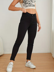 Women's Solid Skinny Jeans High Rise Slash Pocket Denim Pants