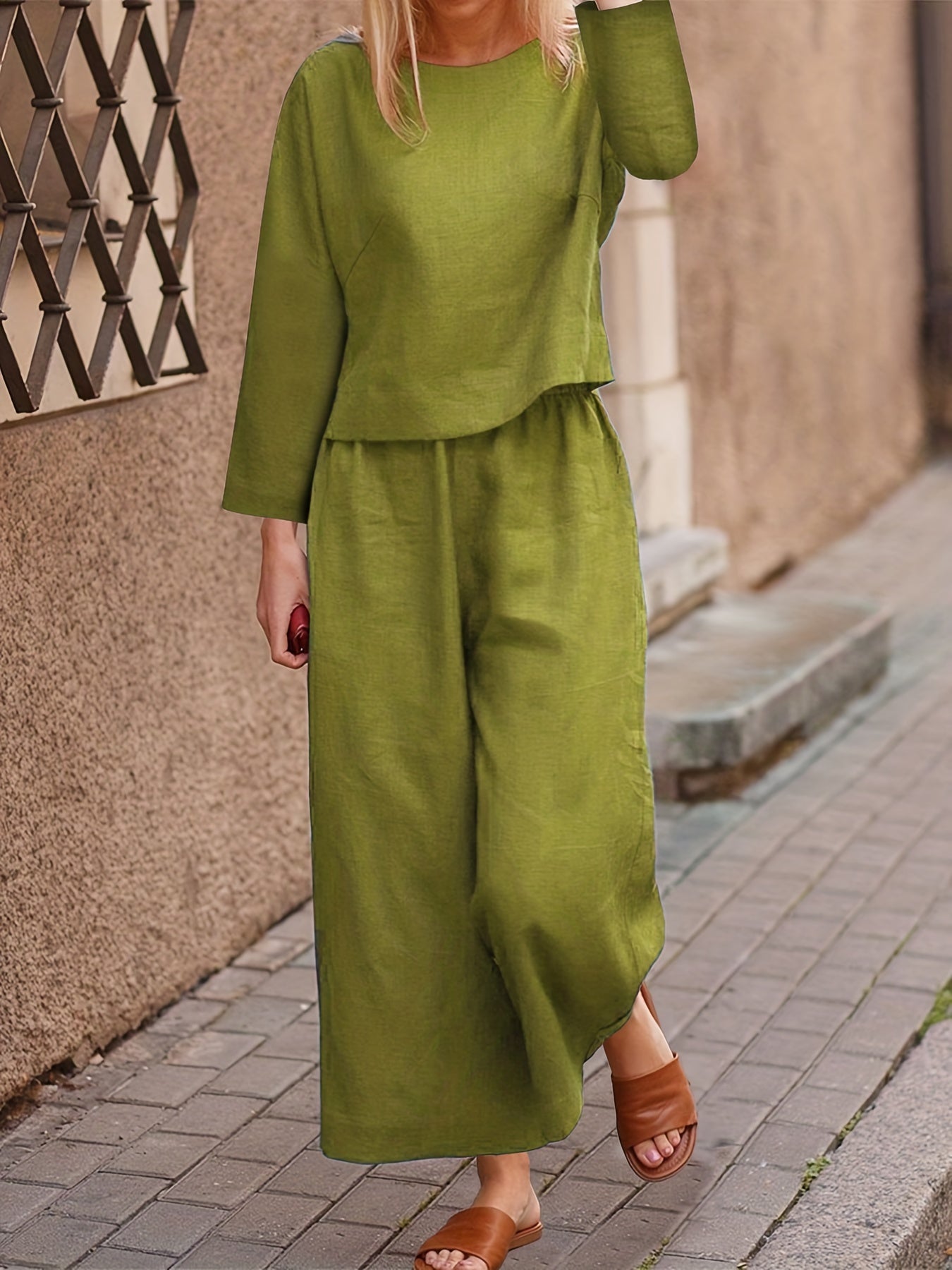 Casual Boat Neck Long Sleeve Tops & Wide Leg Pants Set