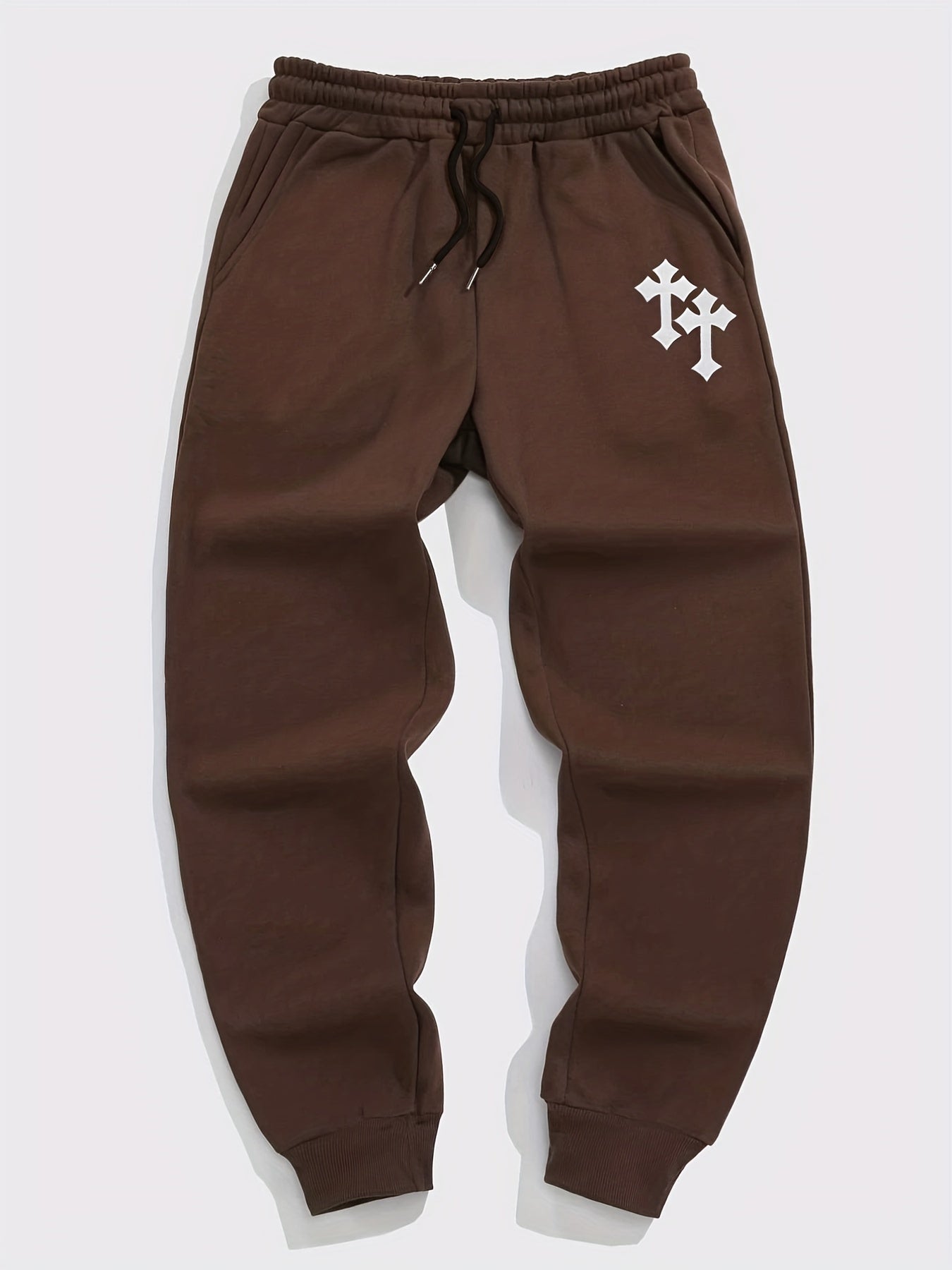 Crucifix Pattern Fleece Joggers Men's Warm Stretch Waist Sweatpants