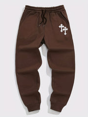 Crucifix Pattern Fleece Joggers Men's Warm Stretch Waist Sweatpants