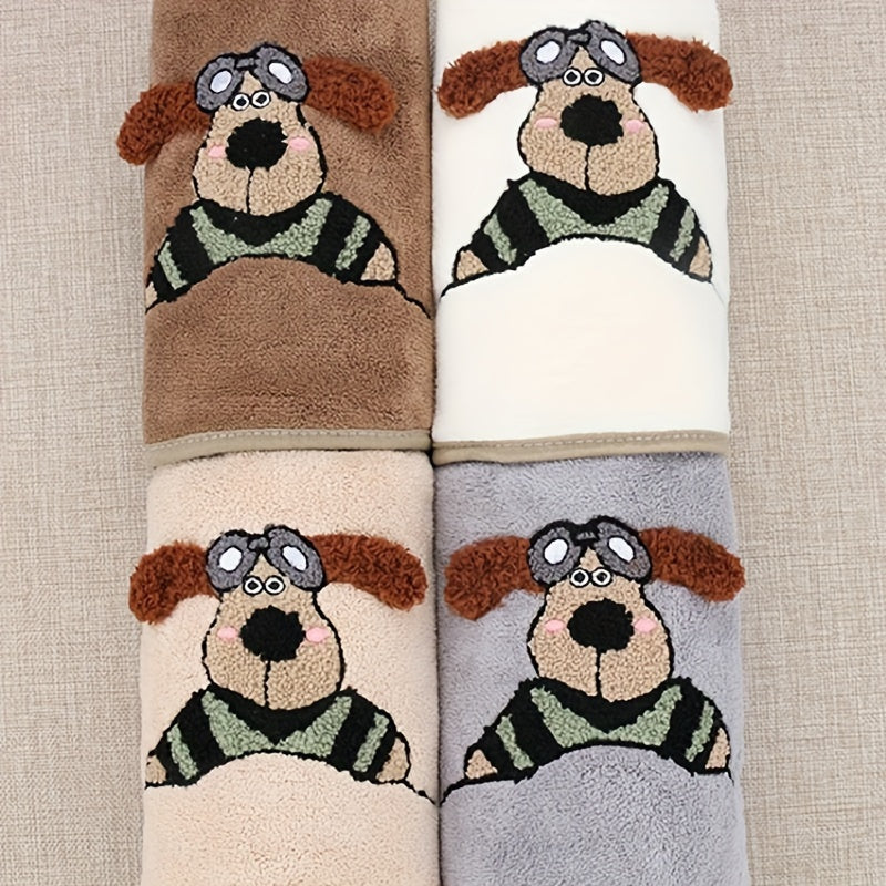 Cartoon Dog Embroidered Hand Towel - Coral Fleece Soft Bath Towel