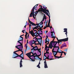 Boho Tassel Decor Scarf Geometric & Plant Print Casual Style Windproof Shawl