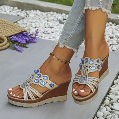 Rhinestone Wedge Sandals Cutout Platform Comfortable Summer Shoes