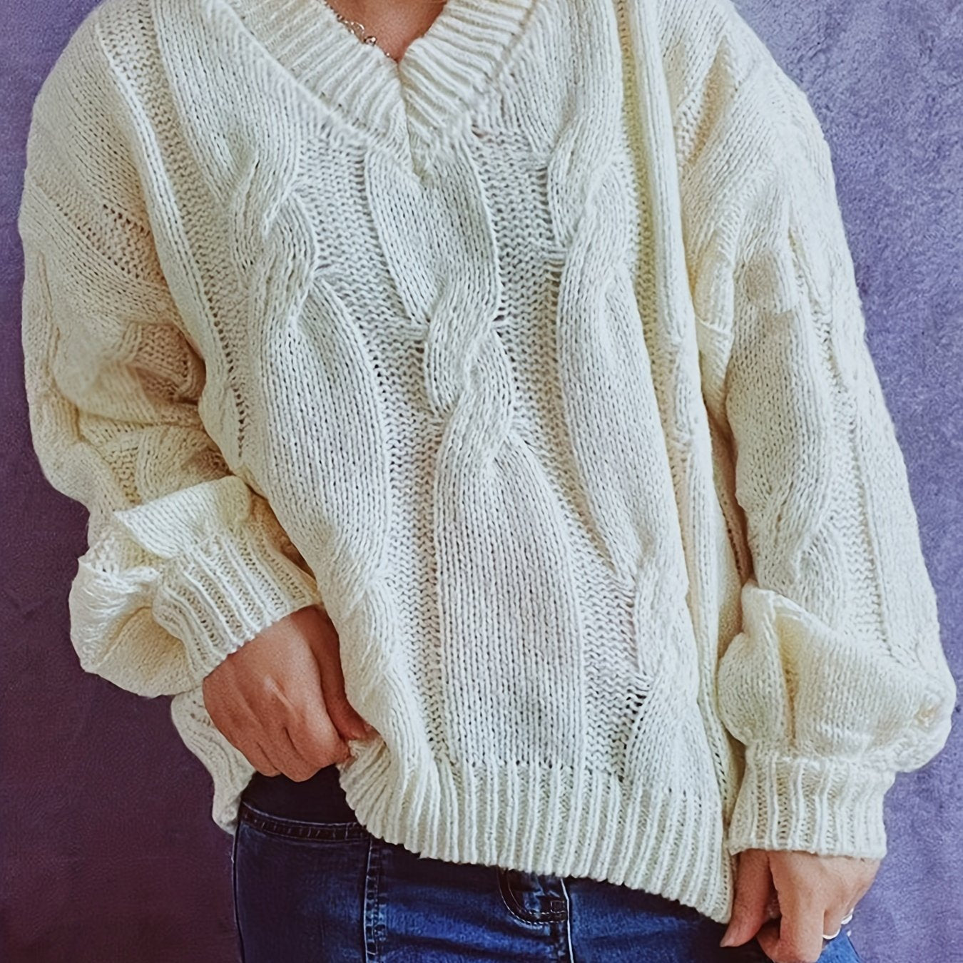 Cable Knit V-Neck Sweater Long Sleeve