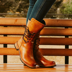 Women's Retro Mid Calf Boots Lace Up Chunky Low Heel Western Boots