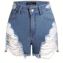 Sexy Denim Shorts Plus Size Ripped Fringe Trim Button Fly Pockets