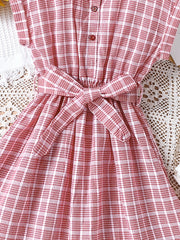 Girls Plaid Button Down Dress with Belt