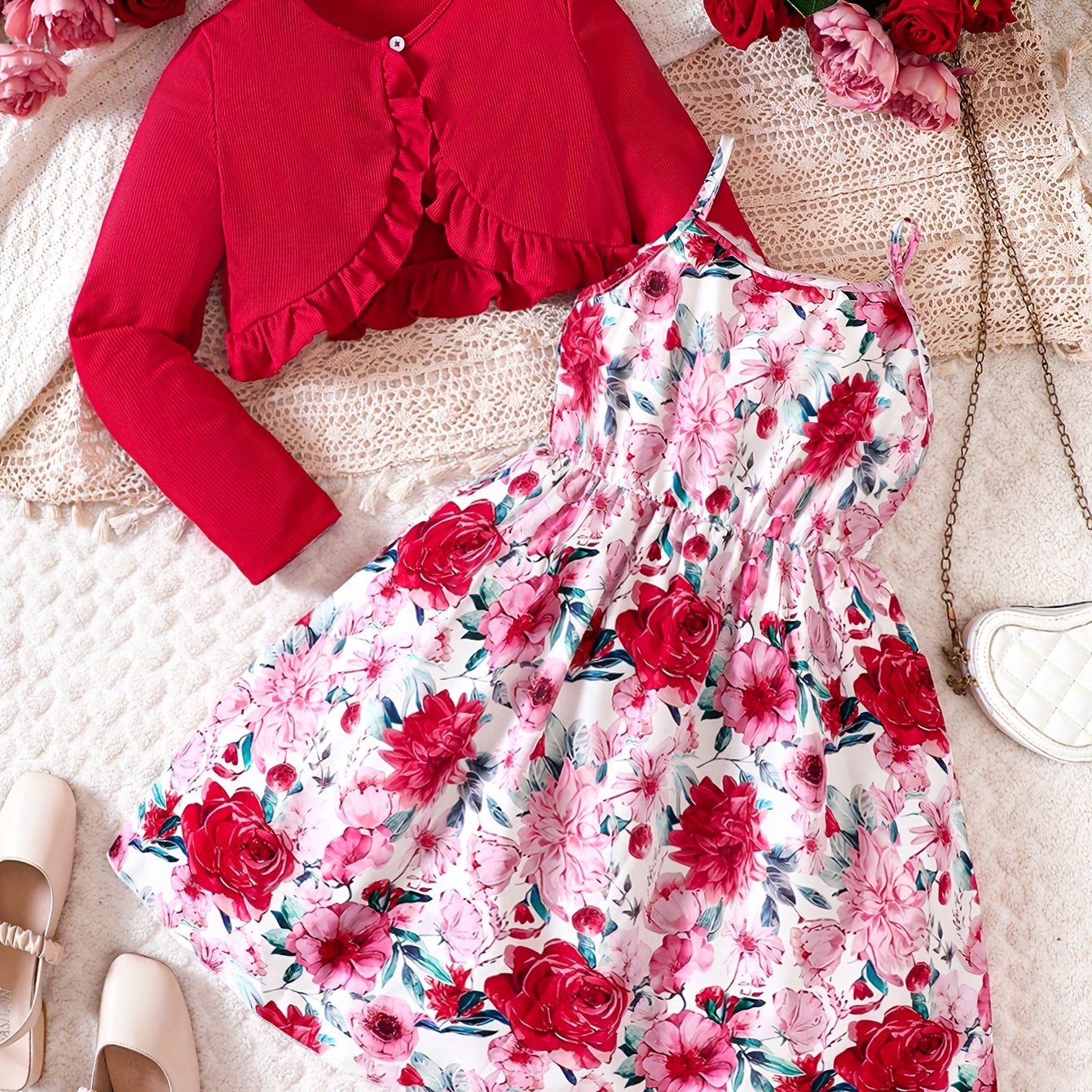 Girl's 2pcs Floral A Line Dress & Ruffle Cardigan Set Spring Autumn