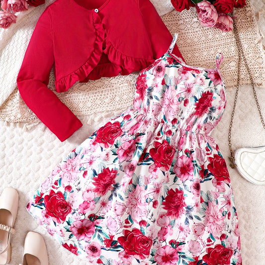 Girl's 2pcs Floral A Line Dress & Ruffle Cardigan Set Spring Autumn