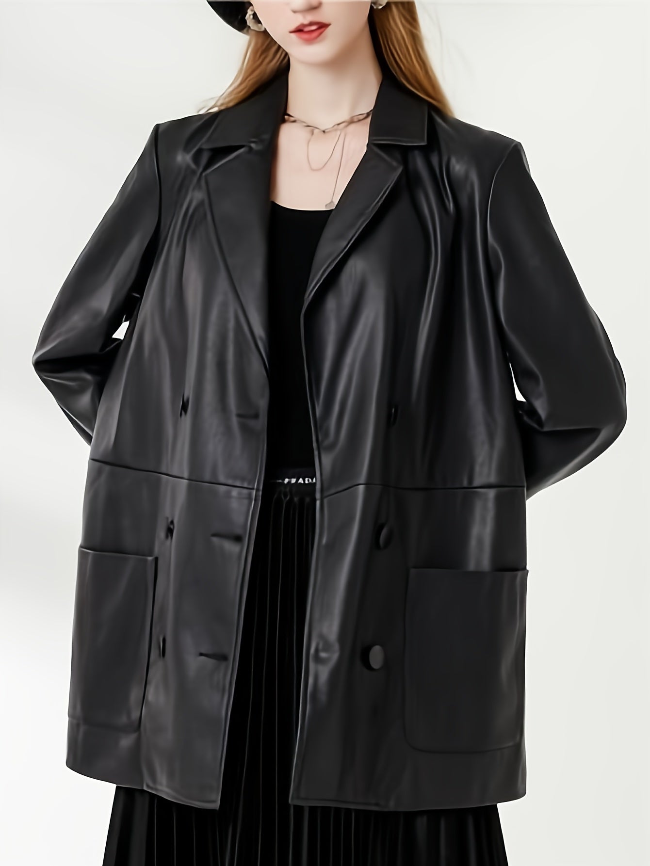 Faux Leather PU Blazer Coat Casual Long Sleeve Loose Blazer