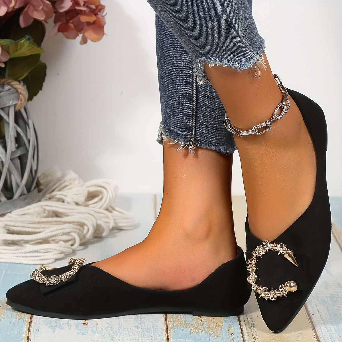 Metallic Buckle Flats Pointed Toe Soft Sole Suede Shoes