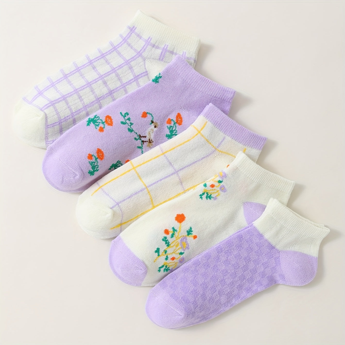 5 Pairs Floral & Plaid Print Socks & Lightweight Ankle Socks Women's Stockings