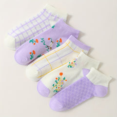 5 Pairs Floral & Plaid Print Socks & Lightweight Ankle Socks Women's Stockings