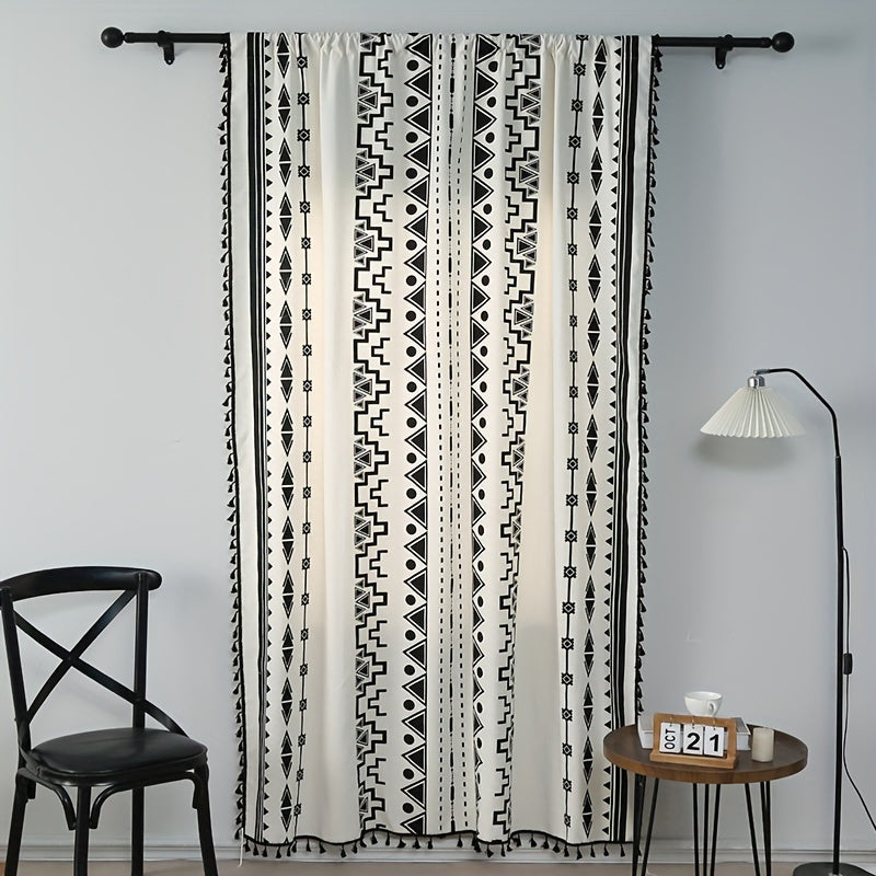 Boho Semi Blackout Curtain, Geometric Print, Tassel, Kitchen Living Room Bedroom