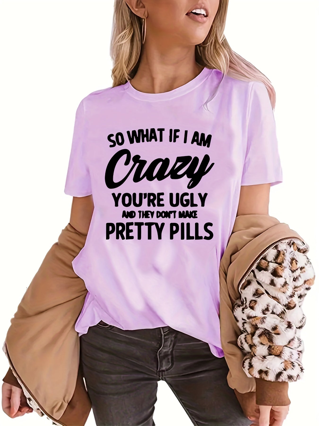 Casual Sports T shirt Solid Letter Round Neck T shirt Women's Clothing