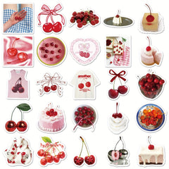 50pcs Cherry Themed Vinyl Stickers Red & Cartoon for Scrapbooking DIY Projects