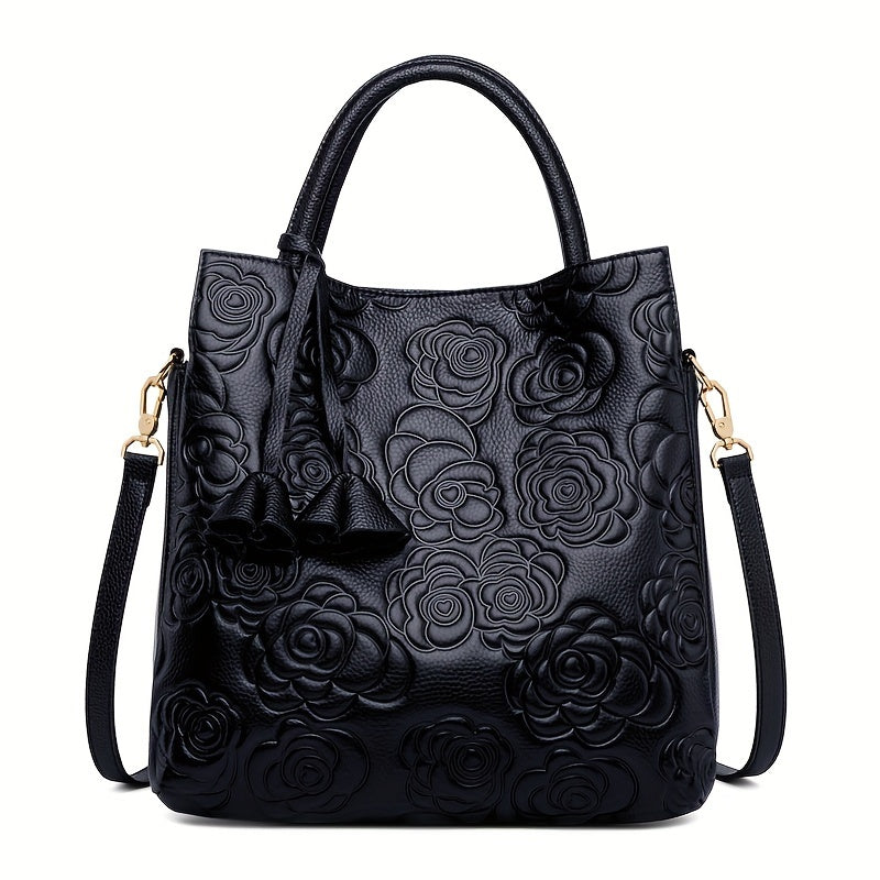 Vintage Floral Print Leather Women's Handbag Large Capacity Messenger Tote