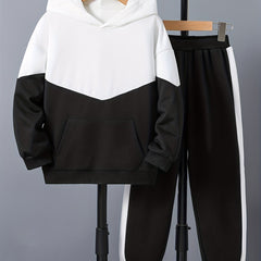 Boy's 2pcs Hoodie & Sweatpants Set Block Top Casual Outfits Kids Clothes