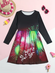 Girls Casual Firework Graphic Long Sleeve Dress