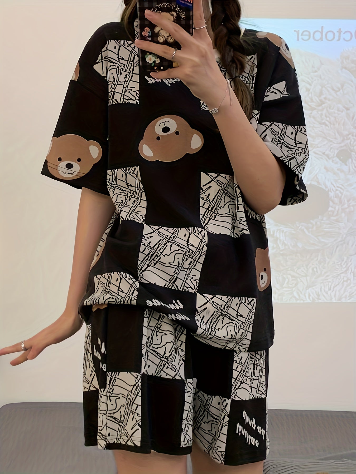 Bear Print Plaid Pajama Set Short Sleeve Top & Shorts