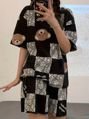 Bear Print Plaid Pajama Set Short Sleeve Top & Shorts