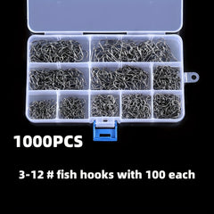 1000-2000pcs High Carbon Fishing Hooks Set Barbed Carp Fishhook Sizes 3-12