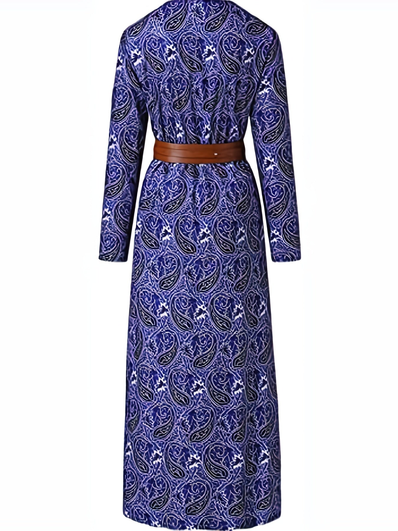 Paisley Print V Neck Dress Boho Long Sleeve High Waist Maxi Dress