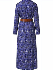 Paisley Print V Neck Dress Boho Long Sleeve High Waist Maxi Dress