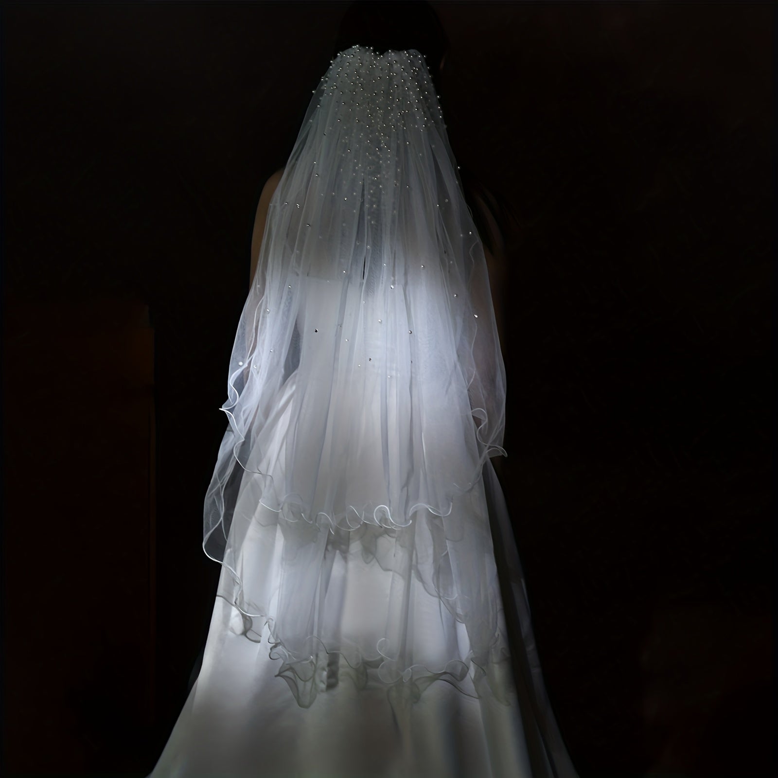Double Layer Bridal Veil with Faux Pearls & Wavy Edge 1 Meter Long