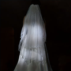 Double Layer Bridal Veil with Faux Pearls & Wavy Edge 1 Meter Long