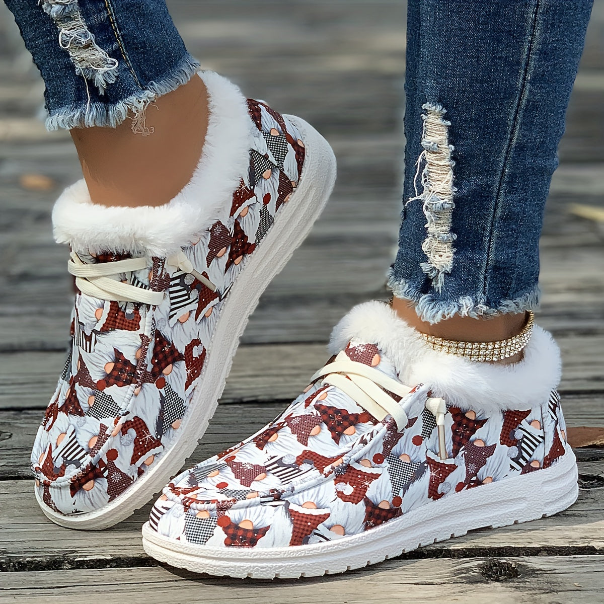 Women's Christmas Santa Print Snow Boots Plush Comfort Winter Lace up Flats